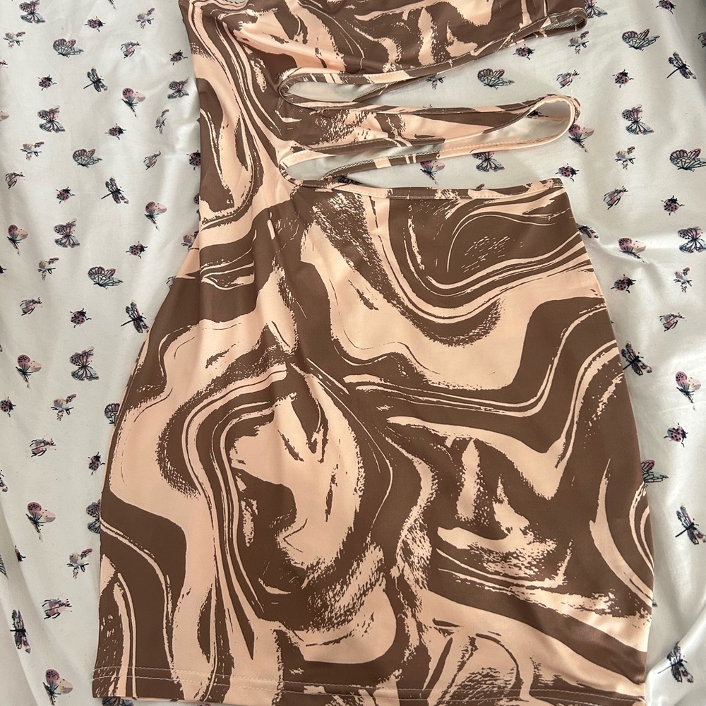 SHEIN Brown and Cream One Shoulder Bodycon Dress